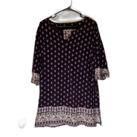 Lucky Brand Tunic XL Blue Batik Print Contrast Hem 3/4 Sleeve Bohochic Top - Picture 3 of 10